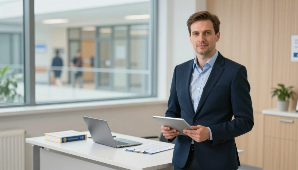 A Polish hospital director standing confidently in a modern hospital office, dressed in a sharp tailored suit, holding a tablet with important data. In the foreground, focus on the director's composed expression, emphasizing leadership and professionalism. In the middle ground, include a sleek, minimalist desk with a medical reference book and a laptop, reflecting the administrative environment. The background features a large window with a view of a busy hospital corridor, highlighting the dynamic nature of healthcare. Soft, natural lighting illuminates the scene, creating a warm, inviting atmosphere. The angle is slightly elevated, showcasing the office's organized layout while keeping the director in focus. The overall mood conveys authority and responsibility within the healthcare sector, perfectly illustrating the role's significance in Polish market realities.