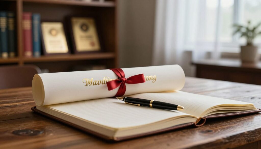 A beautifully designed diploma resting prominently on a rustic wooden desk, illuminated by soft, warm lighting that highlights its elegant gold foil details. In the foreground, an open, leather-bound notebook lies beside the diploma, with a sleek fountain pen placed casually atop the pages, suggesting active engagement with academic achievements. The middle ground features a blurred bookshelf filled with various educational books and accolades, subtly reflecting the theme of education and qualifications. In the background, a window shows soft daylight filtering through sheer curtains, creating a serene atmosphere. The overall mood is one of contemplation and professionalism, emphasizing the importance of timely diploma submission in career advancement.