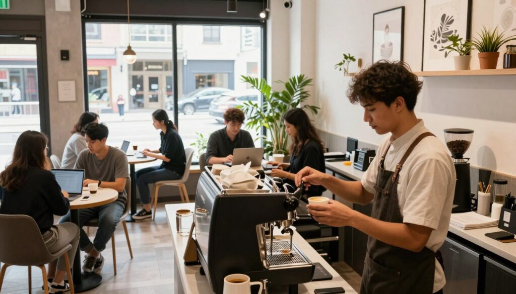A busy coffee shop interior featuring a stylish, modern chain café ambiance. In the foreground, a barista in professional attire, focused on brewing coffee, with an espresso machine and coffee grinder prominently displayed. The middle layer showcases various patrons seated at sleek tables, engaging in conversations or working on laptops, highlighting a blend of social interaction and productivity. In the background, large windows let in bright, natural light, creating a warm atmosphere while showcasing the café’s lively street view. The overall mood is vibrant and inviting, emphasizing the unique work environment in a chain café, enriched by details like decorative plants and art on the walls. The camera angle captures the depth of the café, enhancing the sense of community and diligence.