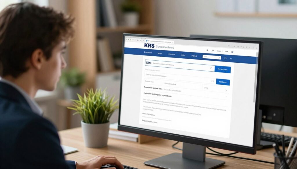 A clear view of a desktop setup displaying a computer screen with a focused search page for KRS company registration in Poland. The foreground features a neatly arranged workspace with a high-resolution monitor showcasing a well-organized, user-friendly web interface for KRS search, including fields for entering company details. In the middle, an elegant business professional, dressed in formal attire, is leaning slightly forward, attentively examining the screen. The background includes soft-focused office elements like bookshelves and plants, creating a professional yet inviting atmosphere. Natural lighting illuminates the scene, highlighting the subject’s concentration and the computer screen's vibrant colors, all captured from a slightly elevated angle for depth. A clear view of a desktop setup displaying a computer screen with a focused search page for KRS company registration in Poland. The foreground features a neatly arranged workspace with a high-resolution monitor showcasing a well-organized, user-friendly web interface for KRS search, including fields for entering company details. In the middle, an elegant business professional, dressed in formal attire, is leaning slightly forward, attentively examining the screen. The background includes soft-focused office elements like bookshelves and plants, creating a professional yet inviting atmosphere. Natural lighting illuminates the scene, highlighting the subject’s concentration and the computer screen's vibrant colors, all captured from a slightly elevated angle for depth.