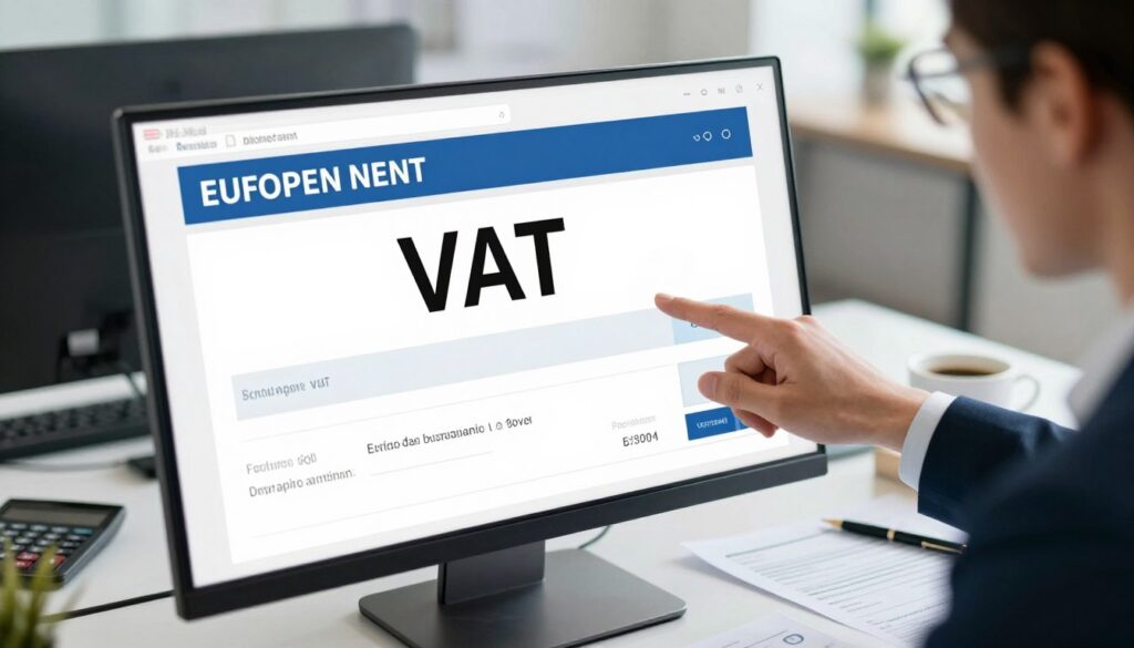 A close-up view of a European VAT number displayed prominently on a digital screen. The background features a modern office environment, with a business professional in a suit analyzing the VAT number on the screen, surrounded by papers and financial documents. Soft, natural lighting illuminates the scene, enhancing the focus on the screen while creating a clear contrast with the blurred office background. The camera angle is slightly elevated, allowing a comprehensive view of the workspace. The mood is focused and professional, reflecting the seriousness of VAT verification. Elements such as a calculator, a pen, and a cup of coffee subtly enhance the business atmosphere, emphasizing attention to detail and accuracy in financial matters. A close-up view of a European VAT number displayed prominently on a digital screen. The background features a modern office environment, with a business professional in a suit analyzing the VAT number on the screen, surrounded by papers and financial documents. Soft, natural lighting illuminates the scene, enhancing the focus on the screen while creating a clear contrast with the blurred office background. The camera angle is slightly elevated, allowing a comprehensive view of the workspace. The mood is focused and professional, reflecting the seriousness of VAT verification. Elements such as a calculator, a pen, and a cup of coffee subtly enhance the business atmosphere, emphasizing attention to detail and accuracy in financial matters.