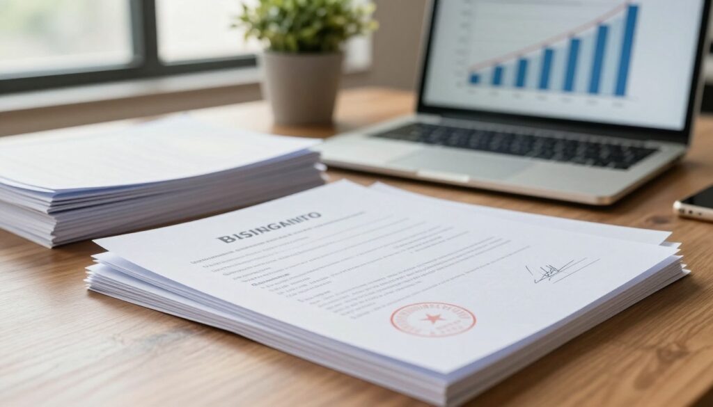 A close-up view of a desktop scene featuring neatly stacked business certificates and documents, showcasing their importance in economic transactions. In the foreground, several printed documents with official seals and signatures are placed on a polished wooden surface, demonstrating professionalism. In the middle background, a laptop displays a graph, symbolizing business growth. Soft, natural lighting from a window illuminates the scene, creating a warm and inviting atmosphere. A potted plant is visible in the background, adding a touch of greenery. The overall mood conveys reliability and trustworthiness, emphasizing the significance of documentation in verifying business existence.