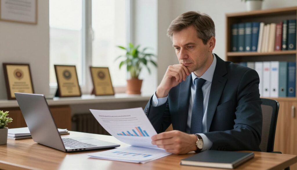 A close-up view of an academic office interior, featuring a distinguished male dean in professional business attire, seated at a polished wooden desk, looking thoughtfully at financial documents. The foreground shows a stack of papers and a laptop displaying graphs related to faculty salaries. In the middle ground, the dean's shelves are filled with academic awards and books on educational leadership, while a potted plant adds a touch of warmth. The background highlights a large window with soft, natural light streaming in, creating an atmosphere of professionalism and contemplation. The scene captures a sense of responsibility and achievement, symbolizing the financial aspects of a dean's role in the Polish academic landscape.