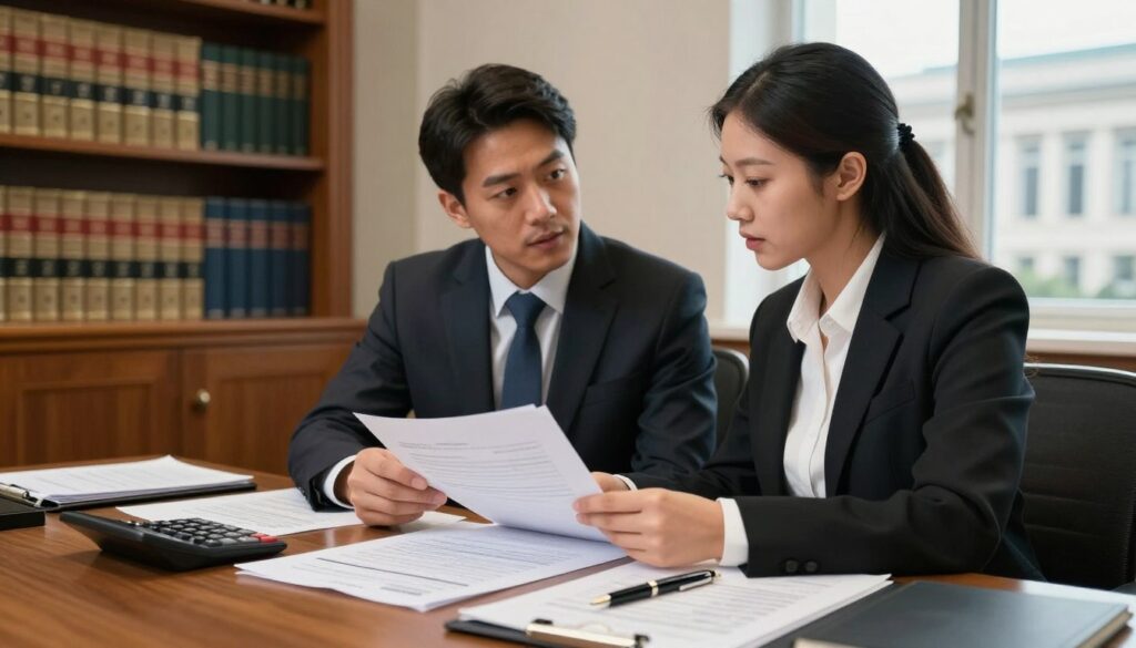 A composition showcasing a functional allowance in a professional setting. In the foreground, a neatly arranged desk with a calculator, financial reports, and a formal pen. In the middle, a well-dressed male and female policy advisor engaged in a conversation, both in business attire, examining the documents with focused expressions. Soft light illuminates the scene, creating an atmosphere of professionalism and seriousness. In the background, an elegant office with bookshelves filled with law books and a large window showing a view of a government building. The overall mood is one of diligence and commitment, emphasizing the significance of parliamentary allowances.
