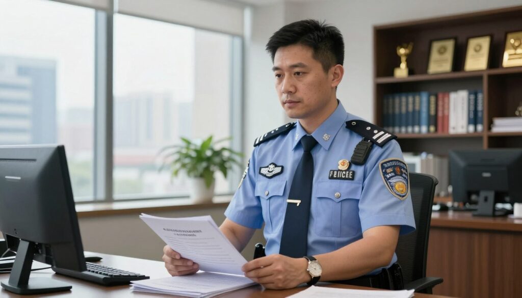 A confident police commissioner standing inside a modern office, dressed in a crisp, formal police uniform complete with badges and insignia. The foreground features the commissioner looking thoughtfully at a stack of documents on the desk, symbolizing police salary and benefits. The middle ground showcases a large window with a cityscape view, hinting at urban policing. In the background, there are shelves filled with books and awards, indicating a successful career. The lighting is bright and professional, accentuating the seriousness of the occupation, while a subtle lens blur adds depth to the office environment. The atmosphere conveys professionalism and authority, suitable for discussing police salaries and responsibilities.