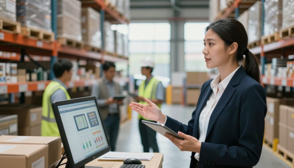A confident warehouse manager standing in a modern warehouse environment, showcasing essential hard and soft skills. In the foreground, the manager, an Asian woman in professional business attire, is engaged in a discussion with a team, gesturing towards inventory management controls on a tablet. In the middle, shelves stocked with organized goods and equipment create a dynamic atmosphere of efficiency and teamwork. In the background, soft natural light filters through large windows, enhancing the bright and organized space. The scene conveys a sense of professionalism, collaboration, and expertise, encapsulating the competencies required for successful warehouse management. The angle is slightly elevated, providing a clear view of the interaction in the busy warehouse setting. A confident warehouse manager standing in a modern warehouse environment, showcasing essential hard and soft skills. In the foreground, the manager, an Asian woman in professional business attire, is engaged in a discussion with a team, gesturing towards inventory management controls on a tablet. In the middle, shelves stocked with organized goods and equipment create a dynamic atmosphere of efficiency and teamwork. In the background, soft natural light filters through large windows, enhancing the bright and organized space. The scene conveys a sense of professionalism, collaboration, and expertise, encapsulating the competencies required for successful warehouse management. The angle is slightly elevated, providing a clear view of the interaction in the busy warehouse setting.