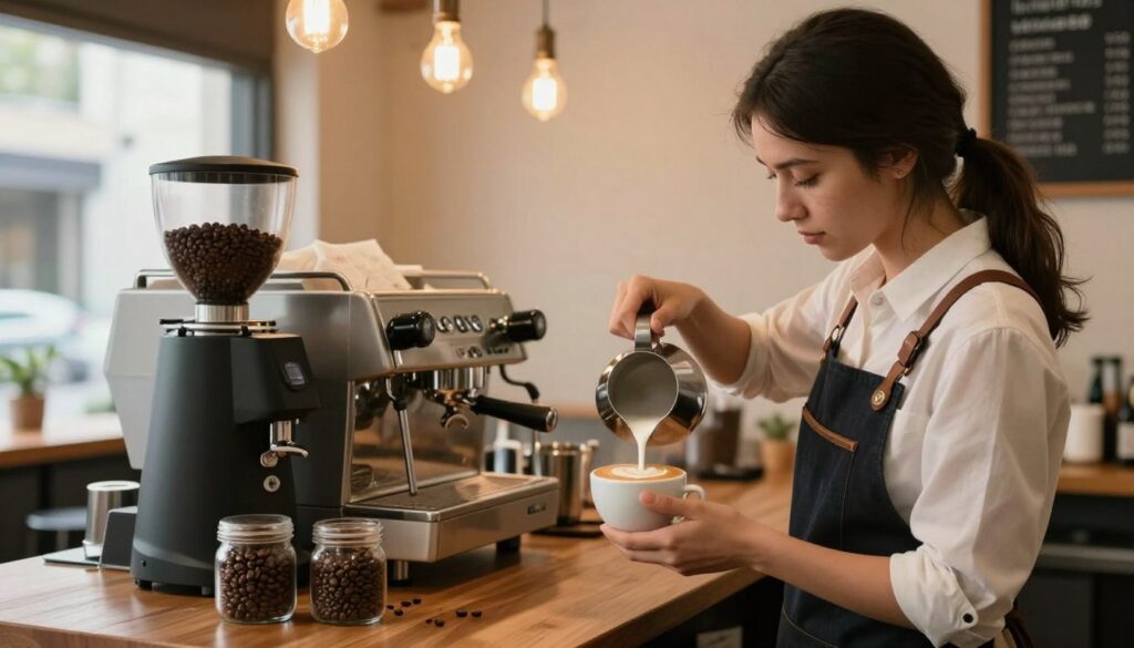 A cozy café scene focusing on a professional barista crafting a beautiful latte art in a cup. In the foreground, the barista, a young woman in a smart casual outfit, skillfully pours steamed milk into the coffee, showcasing her expertise. In the middle, various coffee equipment like an espresso machine, grinder, and fresh coffee beans are elegantly arranged, hinting at a high-quality coffee experience. The background features warm wooden decor with soft lighting from hanging bulbs, creating an inviting atmosphere. Subtle details such as a chalkboard menu displaying specialty drinks add context, while natural light filters through a window, enhancing the ambiance of professionalism and skill.