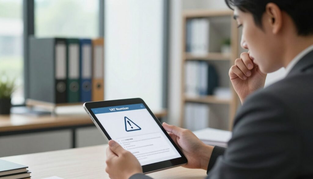 A detailed and informative illustration depicting the reasons for negative verification of a VAT number. In the foreground, a professional businessperson in a well-fitted suit examines a tablet displaying a warning symbol alongside a VAT number. The middle layer features an office setting with a large window that lets in soft, natural light, creating a calm atmosphere. A bookshelf filled with finance and tax-related books stands in the background. The overall mood is serious and contemplative, emphasizing the importance of proper verification in business transactions. The perspective is slightly angled, focusing on the businessperson's expression of concern while maintaining a clear view of the digital device and surroundings. No text or logos included, ensuring a professional and clean image. A detailed and informative illustration depicting the reasons for negative verification of a VAT number. In the foreground, a professional businessperson in a well-fitted suit examines a tablet displaying a warning symbol alongside a VAT number. The middle layer features an office setting with a large window that lets in soft, natural light, creating a calm atmosphere. A bookshelf filled with finance and tax-related books stands in the background. The overall mood is serious and contemplative, emphasizing the importance of proper verification in business transactions. The perspective is slightly angled, focusing on the businessperson's expression of concern while maintaining a clear view of the digital device and surroundings. No text or logos included, ensuring a professional and clean image.