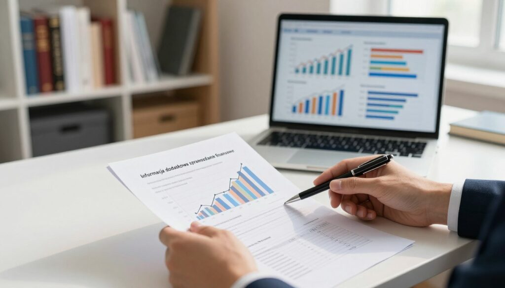 A detailed financial report titled "Informacja dodatkowa sprawozdanie finansowe," laid open on a sleek, modern desk. The foreground features a pair of professional business hands, one holding a pen and the other pointing to specific sections of the document. In the middle, a laptop screen displays colorful graphs and charts, symbolizing the financial data analysis. The background features bookshelves filled with financial literature, softly blurred to keep focus on the main elements. The scene is brightly lit with natural sunlight streaming through a window, creating a warm and inviting atmosphere. The overall mood should convey professionalism, clarity, and the importance of understanding financial results. A detailed financial report titled "Informacja dodatkowa sprawozdanie finansowe," laid open on a sleek, modern desk. The foreground features a pair of professional business hands, one holding a pen and the other pointing to specific sections of the document. In the middle, a laptop screen displays colorful graphs and charts, symbolizing the financial data analysis. The background features bookshelves filled with financial literature, softly blurred to keep focus on the main elements. The scene is brightly lit with natural sunlight streaming through a window, creating a warm and inviting atmosphere. The overall mood should convey professionalism, clarity, and the importance of understanding financial results.