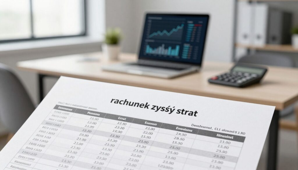 A detailed financial statement layout titled "rachunek zysków strat," placed prominently in the foreground, showcasing columns of figures for revenues, expenses, and profits. The style is clean and professional, with a slight drop shadow to add depth. In the middle, a blurred background features a sophisticated office environment with a modern desk, a laptop with financial graphs on the screen, and a calculator. Soft, natural lighting streams from a large window, casting gentle shadows. The mood is focused and serious, reflecting the importance of financial assessment. No people are present in the scene, allowing full attention to the financial statement layout. The camera angle is slightly above eye level, creating an engaging perspective without distractions.