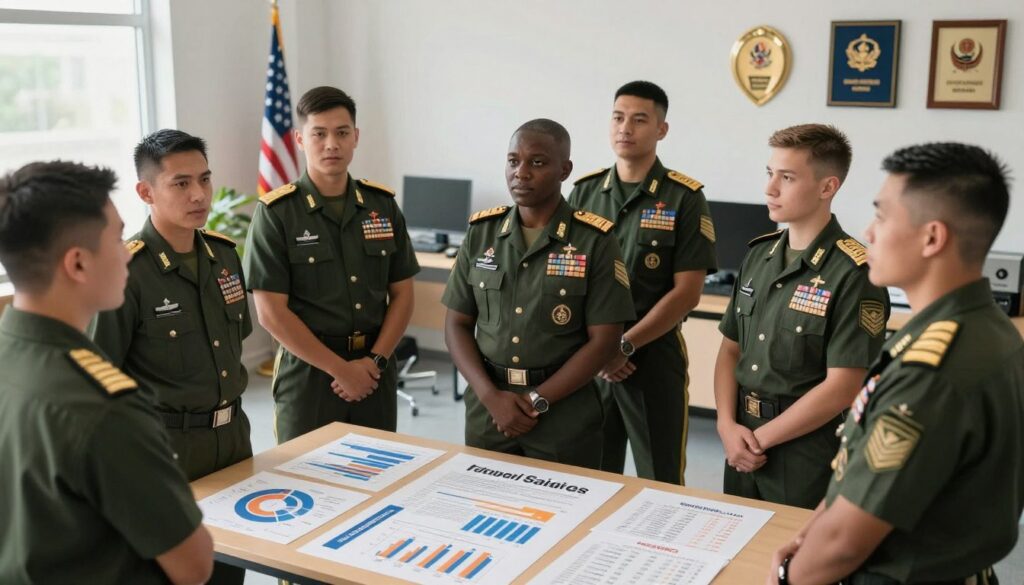 A detailed illustration depicting key factors influencing military salaries, with a focus on soldiers in a professional setting. In the foreground, a diverse group of soldiers in smart military uniforms stands confidently, representing various ranks, engaged in a discussion around a table with charts and graphs depicting salary factors like experience, education, and additional benefits. The middle ground features visual elements such as documents, a laptop with financial data, and military insignia, symbolizing professionalism and dedication. The background shows an office environment with military-themed decor, such as flags and awards. Soft, natural lighting creates a serious yet optimistic atmosphere, captured from a slightly elevated angle to convey depth and engagement, showcasing teamwork and professionalism in military service.
