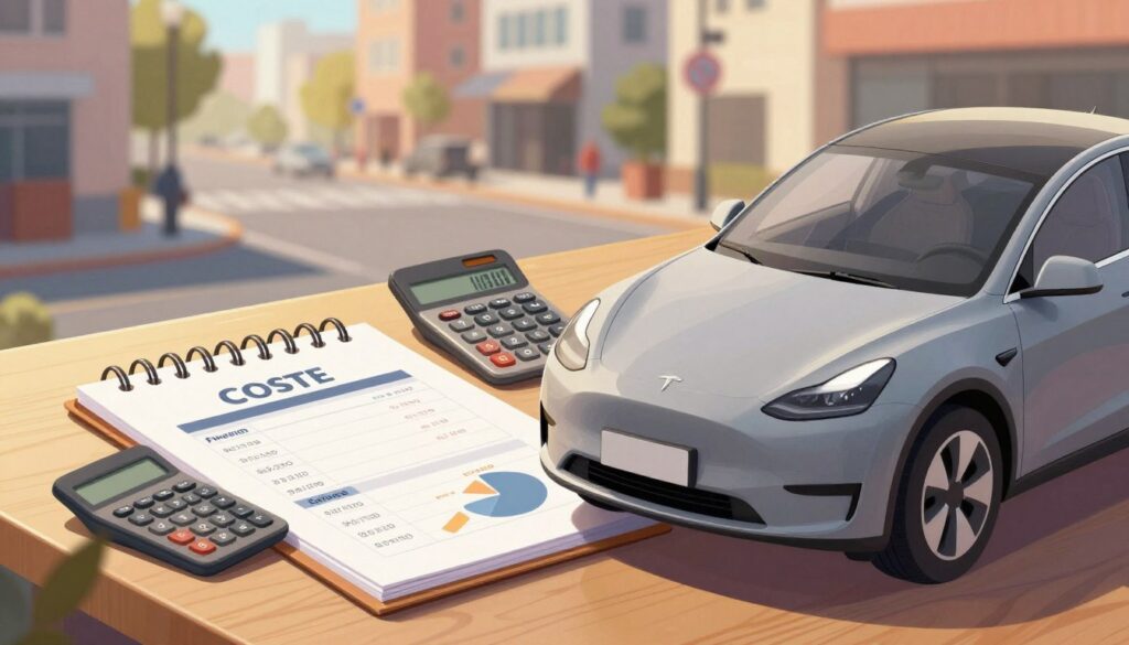 A detailed illustration depicting the costs associated with car ownership. In the foreground, a sleek, modern car parked with a visible price tag on its windshield highlighting maintenance and fuel costs. In the middle background, a notepad and a calculator rest on a wooden table, with visible calculations and charts about expenses related to vehicle upkeep. The background features a city street scene, with blurred buildings and pedestrians to evoke a bustling delivery environment. The lighting is warm and inviting, suggesting late afternoon, with sun rays casting gentle shadows. The mood is practical and informative, emphasizing the financial aspects of using a car for work.