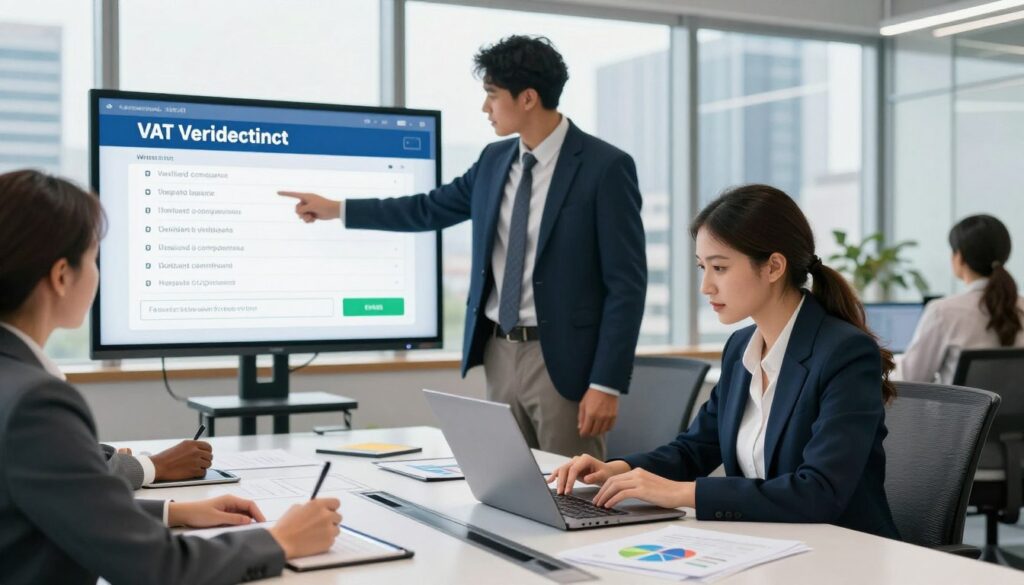 A detailed illustration of a VAT taxpayer verification process, showcasing a diverse group of professionals in a modern office setting. In the foreground, a businesswoman in a smart suit is focused on her laptop, analyzing data on tax compliance, while a businessman in a blazer stands beside her, pointing to a digital display showing a "white list" of verified companies. The middle ground features a sleek conference table surrounded by documents, tablets, and industry-related charts. In the background, large windows let in natural light, revealing a bustling cityscape, enhancing the atmosphere of professionalism and diligence. Capture the mood of serious work combined with technological advancement, using soft, diffused lighting for a friendly yet efficient ambiance.