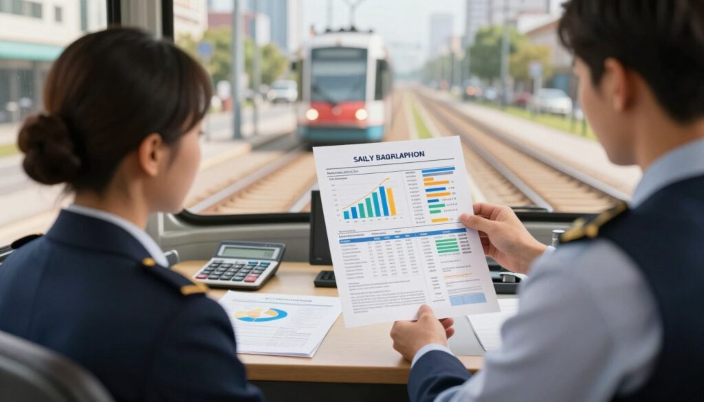 A detailed illustration of a tram driver’s salary components displayed visually. In the foreground, showcase a professional tram driver in smart uniform, examining a detailed pay slip with graphs and charts highlighting salary, bonuses, and benefits. In the middle, depict a cozy office setting with a desk organized with financial documents and a calculator, suggesting analysis of compensation. The background features tram tracks and a blurred cityscape, symbolizing the operational environment of tram drivers. Use warm, natural lighting to create a welcoming and informative atmosphere. The scene should feel engaging and professional, emphasizing the importance of understanding wage components without any distracting elements or text.