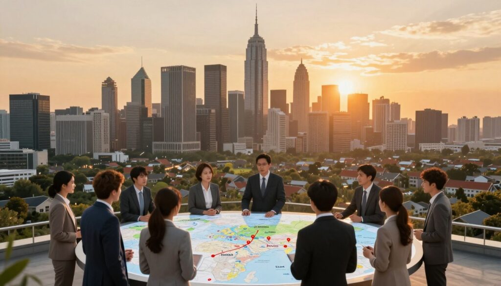 A detailed illustration showcasing the significance of location on salary levels for business analysts. In the foreground, diverse professionals in business attire are engaged in discussion over a digital map, highlighting major cities known for high salaries. In the middle ground, a rich city skyline features iconic buildings symbolizing thriving business sectors, while a contrasting suburban area represents lower salary regions. The background captures a sunset skyline, casting warm golden hues that create a hopeful atmosphere. Bright light emanates from city offices, indicating busy work environments. Use a wide-angle lens to emphasize the contrast between urban and suburban settings. The overall mood is professional and insightful, visually representing the impact of geographical location on earnings. A detailed illustration showcasing the significance of location on salary levels for business analysts. In the foreground, diverse professionals in business attire are engaged in discussion over a digital map, highlighting major cities known for high salaries. In the middle ground, a rich city skyline features iconic buildings symbolizing thriving business sectors, while a contrasting suburban area represents lower salary regions. The background captures a sunset skyline, casting warm golden hues that create a hopeful atmosphere. Bright light emanates from city offices, indicating busy work environments. Use a wide-angle lens to emphasize the contrast between urban and suburban settings. The overall mood is professional and insightful, visually representing the impact of geographical location on earnings.