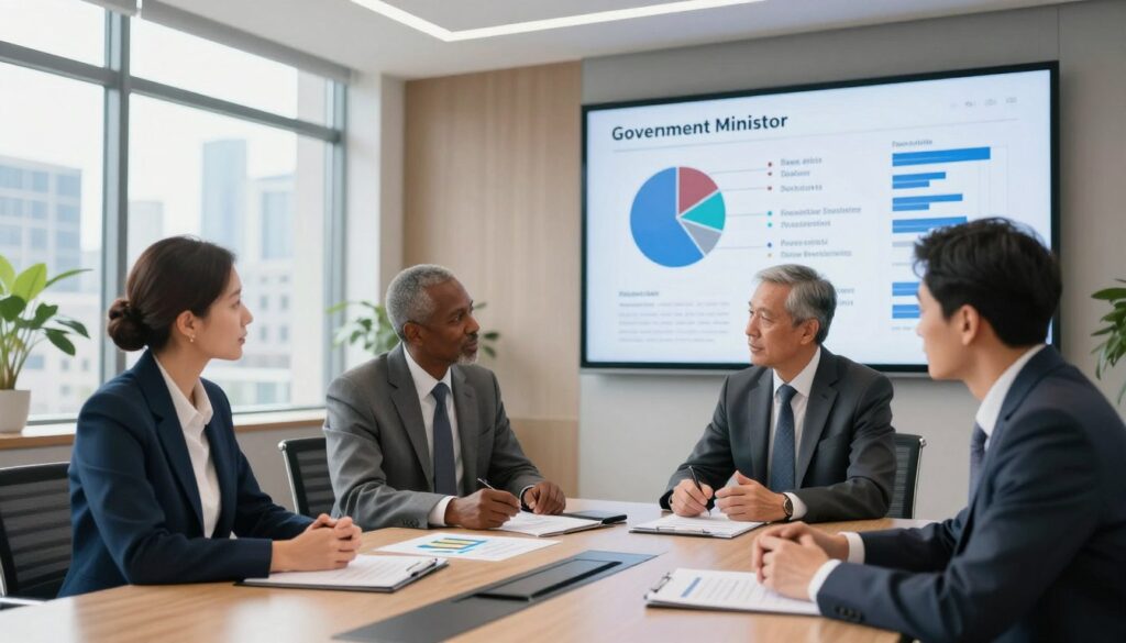 A detailed, professional illustration of the salary components for a government minister. In the foreground, a diverse group of three ministers in formal business attire, engaged in a discussion around a modern conference table covered with documents and graphs related to salary structure. In the middle ground, a large, elegant office with large windows showcasing a city skyline and natural light streaming in, creating an atmosphere of transparency and professionalism. In the background, a digital screen displays pie charts and infographics about salary components, including base salary, allowances, and benefits, highlighting financial data in an engaging way. The mood is focused and informative, emphasizing accountability and government transparency. Shot with a wide-angle lens to capture the environment and foster a sense of collaboration. A detailed, professional illustration of the salary components for a government minister. In the foreground, a diverse group of three ministers in formal business attire, engaged in a discussion around a modern conference table covered with documents and graphs related to salary structure. In the middle ground, a large, elegant office with large windows showcasing a city skyline and natural light streaming in, creating an atmosphere of transparency and professionalism. In the background, a digital screen displays pie charts and infographics about salary components, including base salary, allowances, and benefits, highlighting financial data in an engaging way. The mood is focused and informative, emphasizing accountability and government transparency. Shot with a wide-angle lens to capture the environment and foster a sense of collaboration.