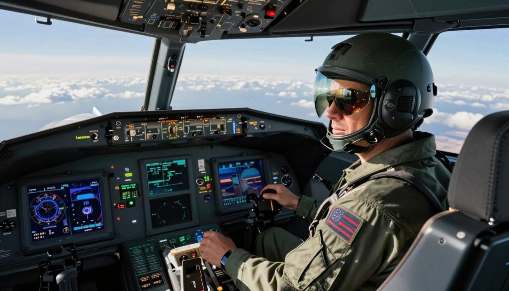 A detailed scene depicting a fighter pilot in a modern cockpit, dressed in a flight suit with a reflective visor, showcasing a determined expression. In the foreground, the pilot is adjusting controls in front of a highly sophisticated dashboard filled with glowing screens and instruments. In the middle ground, the cockpit is filled with high-tech interfaces, emphasizing a sense of precision and focus. The background features a panoramic view of the sky, with clouds and a hint of land below, captured from a cockpit angle to enhance the feeling of flight. The lighting is dynamic, highlighting the pilot's features and the equipment, suggesting an atmosphere of intensity and professionalism, evoking the high-stakes nature of a fighter pilot's career.