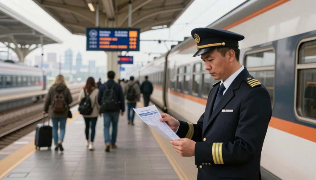 A detailed scene depicting a passenger train station, illustrating the concept of wages in passenger transport. In the foreground, a professional train driver in business attire examines a pay scale chart while standing near a modern train, showcasing an emphasis on their role in the transport industry. The middle ground features a busy station with various passengers boarding and disembarking, signs displaying destinations, and a digital board showing train schedules. In the background, the silhouette of a cityscape can be seen, hinting at economic activity. Soft, natural lighting from large station windows creates a welcoming atmosphere, with a focus on professionalism and the importance of transportation jobs. The image should evoke a sense of progress and dedication in the railway sector. A detailed scene depicting a passenger train station, illustrating the concept of wages in passenger transport. In the foreground, a professional train driver in business attire examines a pay scale chart while standing near a modern train, showcasing an emphasis on their role in the transport industry. The middle ground features a busy station with various passengers boarding and disembarking, signs displaying destinations, and a digital board showing train schedules. In the background, the silhouette of a cityscape can be seen, hinting at economic activity. Soft, natural lighting from large station windows creates a welcoming atmosphere, with a focus on professionalism and the importance of transportation jobs. The image should evoke a sense of progress and dedication in the railway sector.