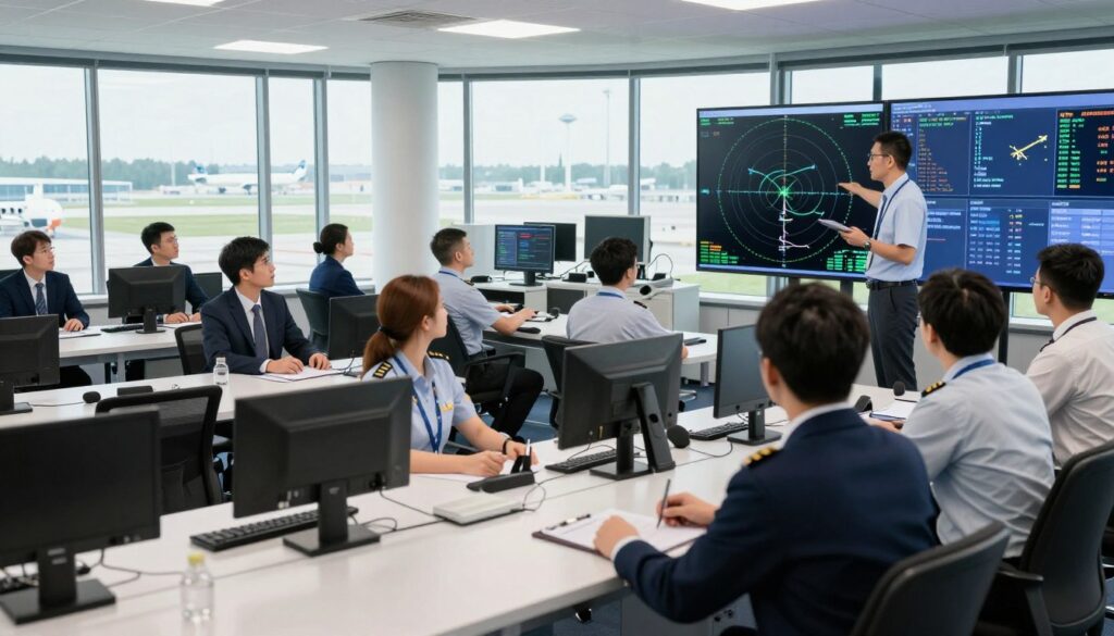 A detailed scene depicting the recruitment and training process for air traffic controllers at the Polish Air Navigation Agency. In the foreground, a diverse group of professional candidates in business attire engages in a training simulation, focused and attentive. The middle ground features an instructor demonstrating advanced radar technology, with screens displaying flight paths and data. In the background, a modern training center filled with high-tech equipment and large windows showcasing an airport landscape. The lighting is bright and clear, enhancing the atmosphere of professionalism and urgency. The angle captures the collaborative spirit of the classroom while highlighting the importance of teamwork in aviation safety. The mood is serious yet inspirational, emphasizing the significance of thorough training in air traffic management. A detailed scene depicting the recruitment and training process for air traffic controllers at the Polish Air Navigation Agency. In the foreground, a diverse group of professional candidates in business attire engages in a training simulation, focused and attentive. The middle ground features an instructor demonstrating advanced radar technology, with screens displaying flight paths and data. In the background, a modern training center filled with high-tech equipment and large windows showcasing an airport landscape. The lighting is bright and clear, enhancing the atmosphere of professionalism and urgency. The angle captures the collaborative spirit of the classroom while highlighting the importance of teamwork in aviation safety. The mood is serious yet inspirational, emphasizing the significance of thorough training in air traffic management.