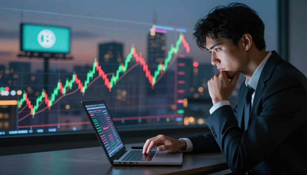 A digital art representation of cryptocurrency investment risks. In the foreground, display a person in professional business attire analyzing cryptocurrency charts on a laptop, showcasing expressions of contemplation and caution. In the middle, illustrate a dynamic graph fluctuating with green and red lines, symbolizing fluctuating market conditions. In the background, create an urban skyline at dusk, with billboards featuring cryptocurrency logos subtly blending in. Use dramatic lighting to cast contrasting shadows, emphasizing the complexity of digital assets. The overall atmosphere should convey tension and uncertainty, highlighting the volatile nature of cryptocurrency investments. Ensure a high-quality, visually striking presentation that captures the essence of investment risks in the digital world.