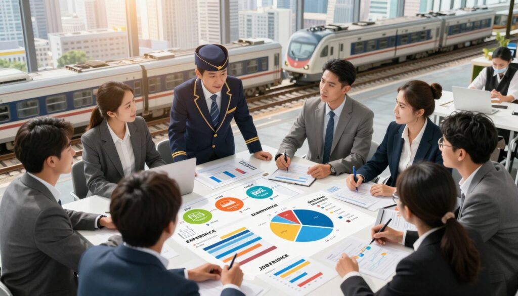 A dynamic and informative illustration depicting key factors influencing salary. In the foreground, a diverse group of professionals in business attire, including a train conductor in uniform, engaged in discussion at a table with graphs and charts spread out, highlighting salary components. In the middle area, colorful infographics illustrating aspects such as experience, education level, location, and job responsibilities. The background features a cityscape with train tracks, symbolizing the transportation industry, bathed in warm, natural lighting, suggesting a productive work environment. The angle of the scene captures an overhead view, providing a comprehensive perspective on the discussion. The mood is collaborative and insightful, inviting viewers to consider the complexity of salary determination.