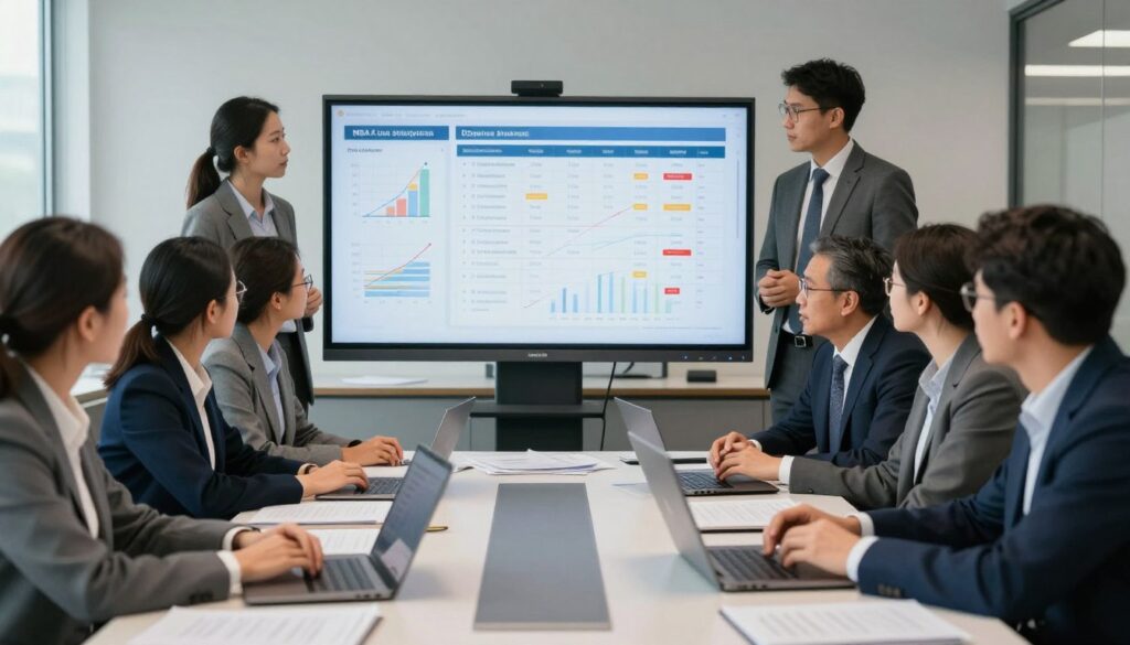 A dynamic scene depicting organizational challenges in an MBA program. In the foreground, a diverse group of serious-looking professionals engaged in a discussion at a conference table, wearing professional business attire. In the middle, a large screen displays complex graphs and project timelines, emphasizing the academic rigor. Surrounding them, scattered documents and laptops illustrate the busy environment of a business study atmosphere. The background shows a modern classroom setting, with large windows allowing natural light to filter in, casting soft shadows. The mood is focused and intense, capturing the pressure and collaboration in an educational setting. The composition should convey a sense of urgency, teamwork, and intellectual engagement.