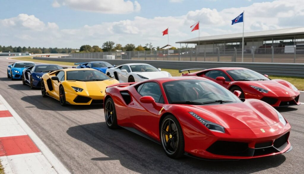A dynamic scene showcasing a lineup of high-performance sports cars, like sleek Lamborghinis and Ferraris, parked on a stunning sunlit racetrack. In the foreground, a vibrant red sports car gleams under the bright afternoon sun, reflecting its surroundings. The middle ground features more exotic vehicles in a variety of colors, creating a sense of speed and luxury. In the background, a blurred racetrack stretches into the distance, racing flags fluttering gently in the breeze. The sky is clear with a few fluffy clouds, casting soft shadows on the pavement. The overall atmosphere is energetic and thrilling, embodying wealth and sophistication in the world of automotive excellence. A dynamic scene showcasing a lineup of high-performance sports cars, like sleek Lamborghinis and Ferraris, parked on a stunning sunlit racetrack. In the foreground, a vibrant red sports car gleams under the bright afternoon sun, reflecting its surroundings. The middle ground features more exotic vehicles in a variety of colors, creating a sense of speed and luxury. In the background, a blurred racetrack stretches into the distance, racing flags fluttering gently in the breeze. The sky is clear with a few fluffy clouds, casting soft shadows on the pavement. The overall atmosphere is energetic and thrilling, embodying wealth and sophistication in the world of automotive excellence.
