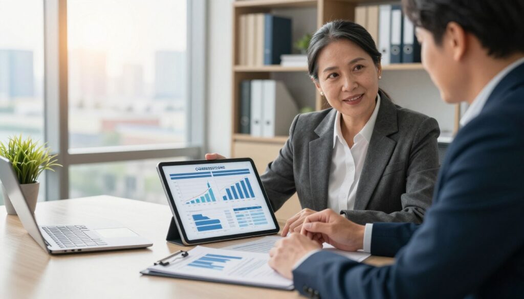 A financial consultant in a modern office setting, engaged in a discussion with a client over detailed financial charts and documents. The consultant, a middle-aged individual wearing professional business attire, presents a comprehensive commission structure illustrated on a digital tablet. In the background, shelves filled with financial books and a large window showing a city skyline create a bright, optimistic atmosphere. Soft sunlight casts warm tones on the scene, emphasizing the importance of financial guidance. Include elements like a sleek desk, a potted plant, and a laptop to accentuate a professional environment. The composition should be framed at eye level to capture a sense of connection between the consultant and the client, highlighting the theme of financial compensation mechanisms. A financial consultant in a modern office setting, engaged in a discussion with a client over detailed financial charts and documents. The consultant, a middle-aged individual wearing professional business attire, presents a comprehensive commission structure illustrated on a digital tablet. In the background, shelves filled with financial books and a large window showing a city skyline create a bright, optimistic atmosphere. Soft sunlight casts warm tones on the scene, emphasizing the importance of financial guidance. Include elements like a sleek desk, a potted plant, and a laptop to accentuate a professional environment. The composition should be framed at eye level to capture a sense of connection between the consultant and the client, highlighting the theme of financial compensation mechanisms.