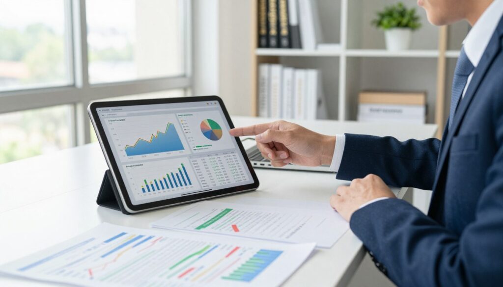 A financial professional reviewing stock performance on a digital tablet, seated at a modern office desk with charts and graphs displayed on the screen. The foreground features detailed financial documents scattered across the desk, highlighting profit realization and tax calculations. In the middle ground, a bright window allows natural light to flood the room, reflecting an optimistic atmosphere. The background shows shelves filled with financial books and a potted plant, emphasizing a professional environment. The lighting is bright and clear, creating a sense of focus and clarity. The person is dressed in smart business attire, exuding professionalism and confidence in their financial decision-making process.