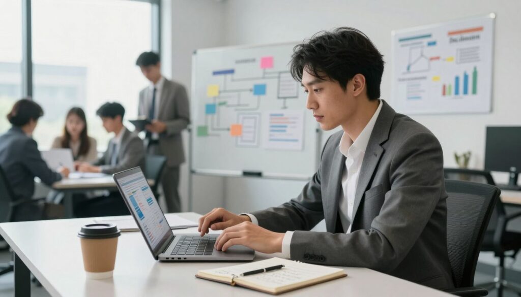 A focused business analyst in a modern office setting, wearing a tailored business suit, seated at a sleek desk covered with charts and a laptop, deeply engaged in analyzing data on the screen. In the foreground, a coffee cup and notepad filled with handwritten notes. The middle ground features a whiteboard covered with business strategies and flowcharts. Soft, natural lighting streams through large windows, creating a bright and inviting atmosphere. In the background, a diverse team of professionals collaborates on a project, symbolizing teamwork. The overall mood is one of professionalism and innovation, reflecting the unique role and financial aspects of a business systems analyst. A focused business analyst in a modern office setting, wearing a tailored business suit, seated at a sleek desk covered with charts and a laptop, deeply engaged in analyzing data on the screen. In the foreground, a coffee cup and notepad filled with handwritten notes. The middle ground features a whiteboard covered with business strategies and flowcharts. Soft, natural lighting streams through large windows, creating a bright and inviting atmosphere. In the background, a diverse team of professionals collaborates on a project, symbolizing teamwork. The overall mood is one of professionalism and innovation, reflecting the unique role and financial aspects of a business systems analyst.