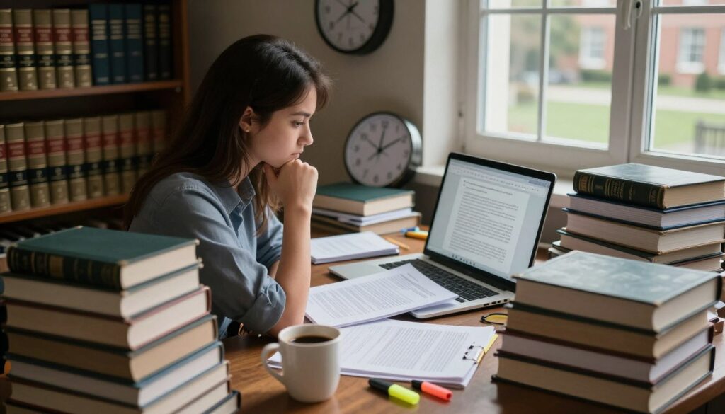 A focused law student sits at a study desk piled with thick legal textbooks and notes, deeply engaged in thought. The foreground features a cup of coffee, a legal pad, and highlighters scattered around. In the middle, a wall clock ticks ominously, hinting at looming deadlines, while a laptop screen shows a complex legal document. In the background, shelves filled with law texts and a window revealing a bustling campus outside create a sense of urgency and academia. The dim, warm lighting contrasts with the busy atmosphere, bringing a somber yet determined mood. Shot from a slight overhead angle to emphasize the intense study environment.