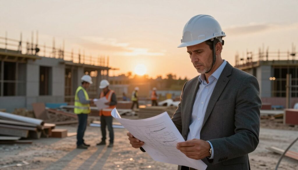 A focused view of a real estate developer at a construction site, depicting the risks and challenges of the profession. In the foreground, a professional-looking middle-aged man in a hard hat and business attire examines blueprints, expressing concentration and concern. In the middle ground, partially constructed buildings and scattered construction materials highlight the ongoing development project, while engineers and workers are visible, collaborating. The background features a sunset sky, symbolizing the uncertainty and complexities of the real estate market. Soft, warm ambient lighting casts long shadows, creating a dramatic yet hopeful atmosphere, with a slight depth of field effect to emphasize the developer's thoughtful expression.