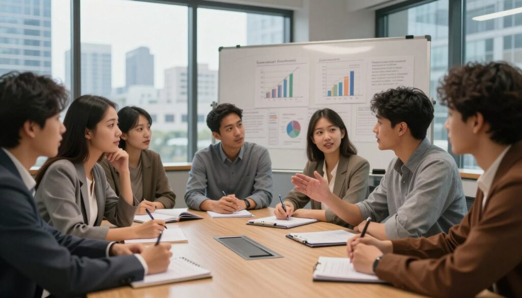 A group of diverse MBA students engaged in a lively discussion around a conference table, showcasing a collaborative learning environment. In the foreground, a focused female student in business attire takes notes, while a male peer gestures as he shares an idea. The middle ground features a large whiteboard filled with charts and diagrams, symbolizing complex concepts. In the background, large windows provide a view of a modern city skyline, creating a motivating atmosphere. The lighting is warm and inviting, with soft shadows that enhance the professional yet dynamic mood. Capture this scene from a slightly elevated angle to give depth, emphasizing the engaged and thoughtful expressions of the students as they tackle challenging coursework together.