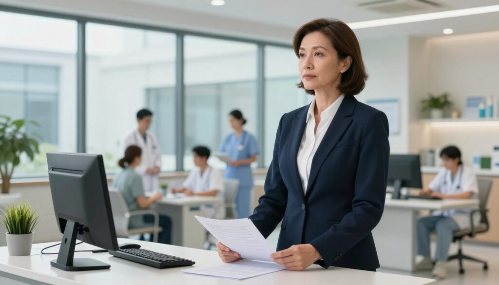 A hospital director standing confidently in a modern hospital office, dressed in professional business attire. The director, a middle-aged woman with a thoughtful expression, is reviewing documents on a sleek desk, symbolizing managerial responsibility. In the background, large windows reveal a bustling hospital scene, with healthcare professionals interacting with patients. Soft, natural lighting illuminates the space, creating an atmosphere of professionalism and satisfaction. The angle captures both the director and the vibrant hospital environment, emphasizing her role in overseeing operations and her commitment to quality care. The overall mood is one of competence, fulfillment, and managerial pride, highlighting the balance between responsibility and job satisfaction.