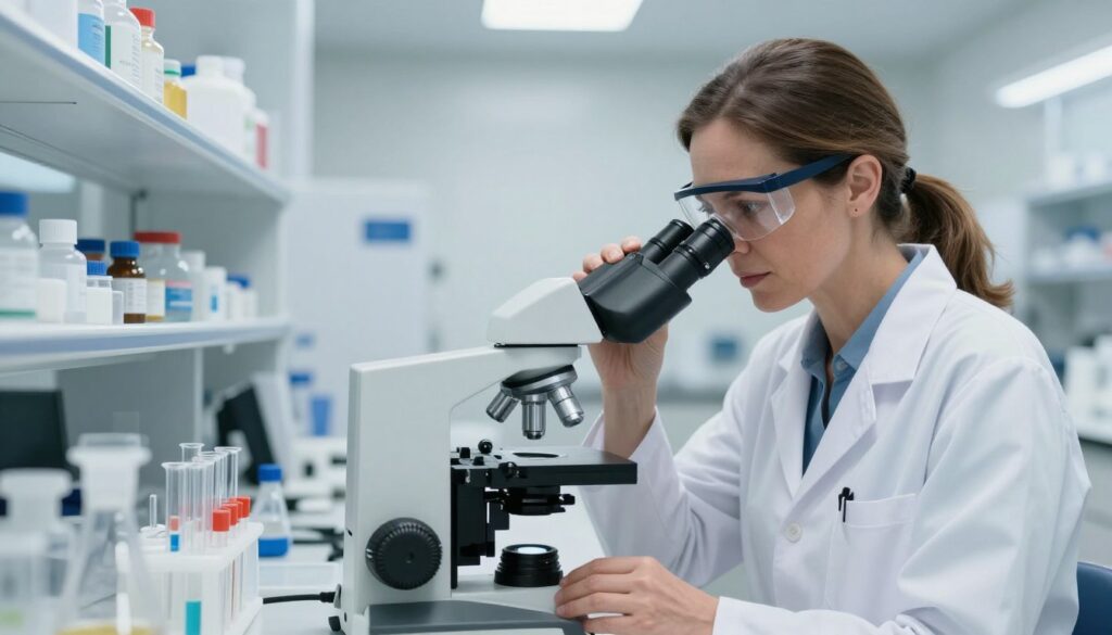 A laboratory diagnostician in a modern medical lab, examining samples under a microscope with a thoughtful expression. In the foreground, the diagnostician, a middle-aged Caucasian woman dressed in professional lab attire, focuses intently on her work, with a clear view of her safety goggles and lab coat. The middle ground features well-organized lab equipment including beakers and test tubes, creating a sense of high-tech precision. In the background, soft, diffused lighting illuminates a sleek lab environment, with shelves of neatly arranged medical supplies. The atmosphere is calm yet focused, symbolizing the crucial role of lab diagnosticians in healthcare. The scene captures a moment of professionalism and dedication, set in a bright and sterile lab space.