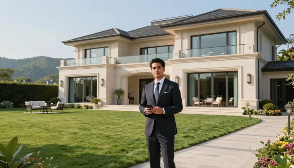 A luxurious estate with a modern architectural style, featuring large glass windows and elegant landscaping. In the foreground, a well-dressed businessman in a tailored suit stands confidently, holding a smartphone and looking towards the viewer, symbolizing success and influence. The middle ground showcases a manicured lawn with well-placed outdoor furniture, inviting and sophisticated. In the background, rolling hills and a clear blue sky set a picturesque scene, evoking prosperity and tranquility. Soft, natural light bathes the scene, emphasizing the textures of the estate and creating a warm, inviting atmosphere. The angle is slightly elevated, capturing the grandeur of the property while focusing on the central figure without any distractions. A luxurious estate with a modern architectural style, featuring large glass windows and elegant landscaping. In the foreground, a well-dressed businessman in a tailored suit stands confidently, holding a smartphone and looking towards the viewer, symbolizing success and influence. The middle ground showcases a manicured lawn with well-placed outdoor furniture, inviting and sophisticated. In the background, rolling hills and a clear blue sky set a picturesque scene, evoking prosperity and tranquility. Soft, natural light bathes the scene, emphasizing the textures of the estate and creating a warm, inviting atmosphere. The angle is slightly elevated, capturing the grandeur of the property while focusing on the central figure without any distractions.