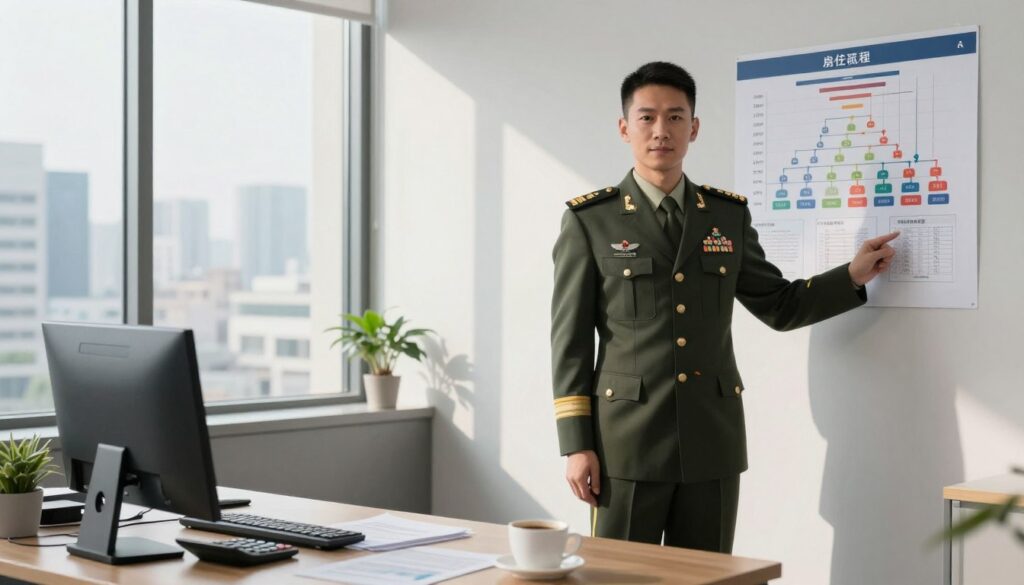 A military officer standing confidently in a modern office environment, dressed in professional military attire with visible insignia. In the foreground, a desk with documents detailing salary scales and ranks, alongside a calculator and a cup of coffee, signifies financial analysis. The officer is examining a chart on the wall that compares rank and responsibility, featuring graphs showing differences in salaries and positions within the military hierarchy. The background includes a large window showcasing a cityscape under bright daylight, casting soft shadows in the room. The mood is serious yet optimistic, reflecting the pursuit of career advancement in the military profession.
