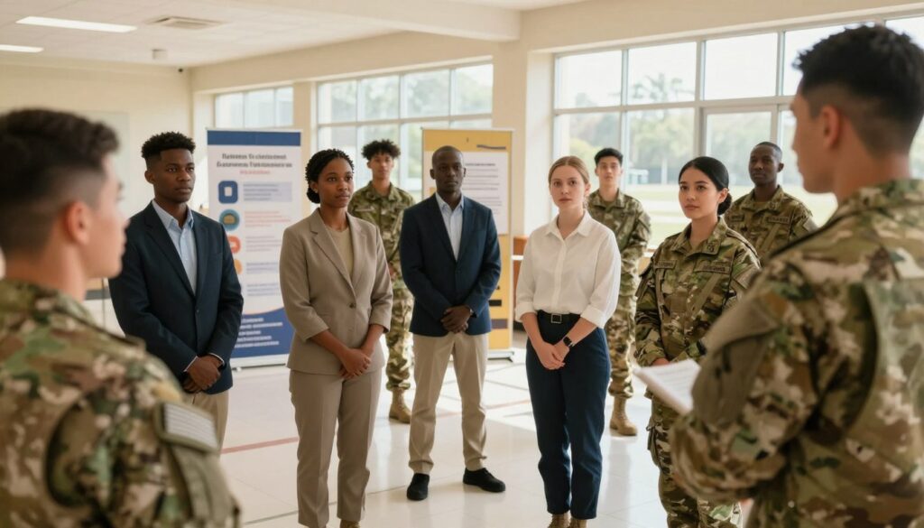 A military recruitment process scene, showcasing a diverse group of candidates standing in a bright, open hall of a military academy. In the foreground, individuals of various ethnic backgrounds in professional attire, engaged in discussions with recruiters, displaying determination and focus. The middle ground features informative displays and banners related to military studies, emphasizing different programs and recruitment steps. In the background, large windows let in natural light, creating an inviting atmosphere. The overall mood is professional and inspiring, conveying a sense of opportunity and purpose. The composition utilizes a slight angle, showcasing depth, and is framed with a warm, welcoming color palette to highlight ambition and collaboration.