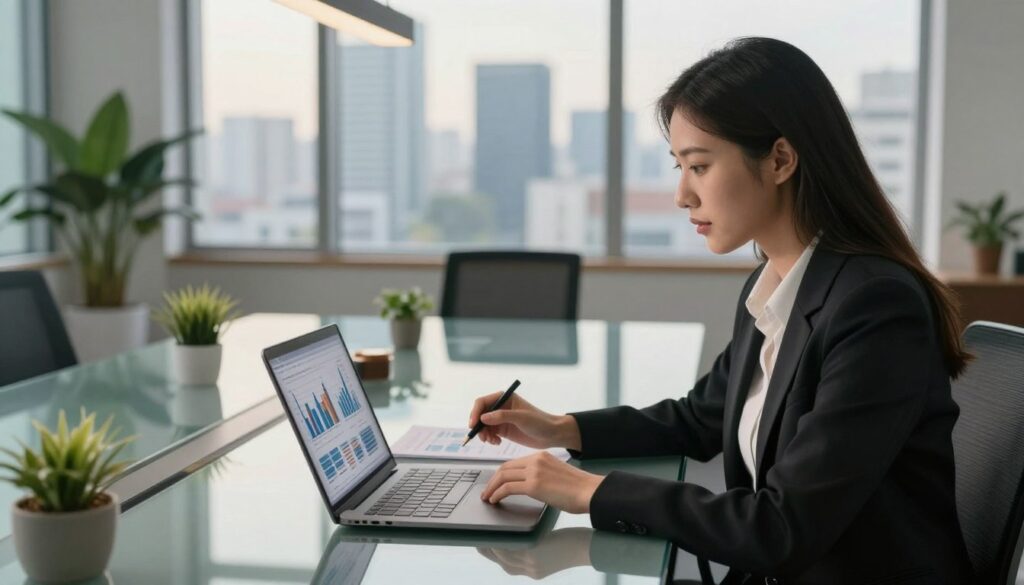 A modern and sophisticated office setting showcasing a young, professional woman in business attire, involved in financial discussions. In the foreground, she is reviewing investment portfolios on a laptop, with charts and graphs visible. In the middle, a glass conference table reflects ambient light, surrounded by potted plants and contemporary design elements, indicating a successful and dynamic atmosphere. In the background, large windows reveal a city skyline, suggesting a thriving urban environment. Soft, natural lighting filters through, creating a warm, inviting mood. The image captures the essence of investment and wealth diversification, blending professionalism with a sense of ambition and clarity.