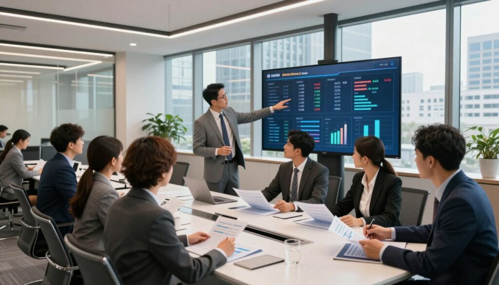 A modern bank office interior depicting various banking professionals at work. In the foreground, a diverse group of people in professional business attire reviewing financial reports and discussing strategies around a sleek conference table. The middle ground features a bank manager pointing to a digital dashboard displaying salary statistics and growth opportunities in clear graphs. In the background, large windows allow natural light to flood in, illuminating a sophisticated urban skyline. The atmosphere is focused yet optimistic, emphasizing professionalism and collaboration. Use a wide-angle lens perspective to capture the entire scene effectively, with a hint of warmth in the lighting to create an inviting ambiance.