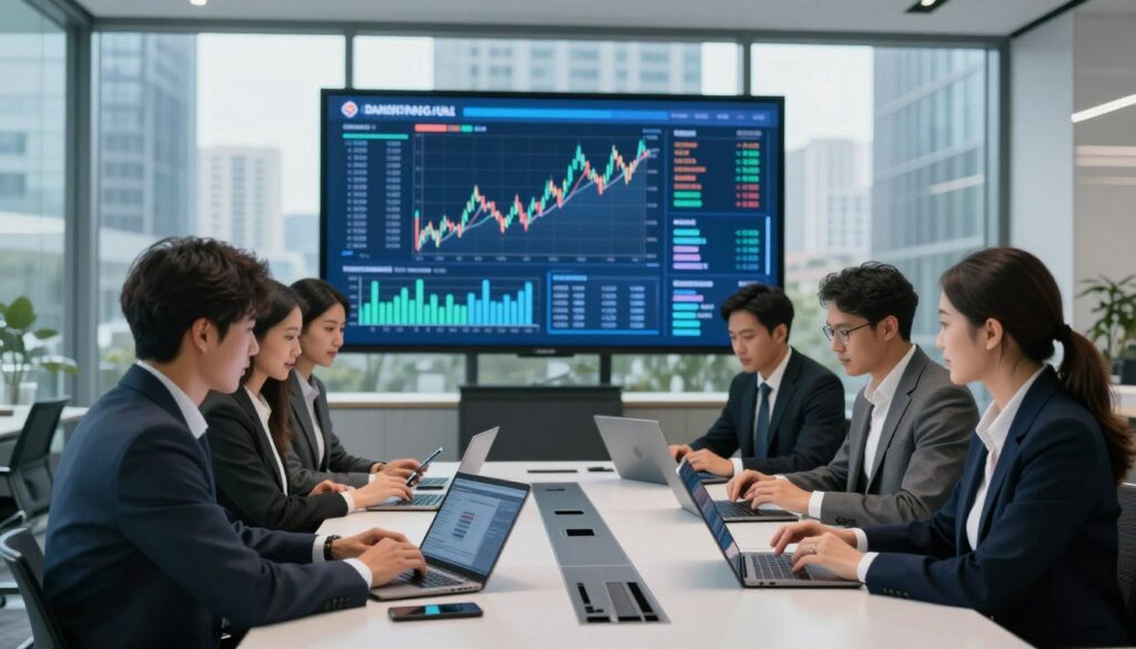 A modern bank office scene, showcasing advanced technology in banking. In the foreground, a diverse group of professionals in smart business attire works around a sleek conference table, interacting with digital devices like tablets and laptops. The middle ground features a large, high-resolution digital display showing real-time financial data, graphs, and AI projections. The background includes glass walls with a bustling cityscape visible through them, illuminated by soft, natural light coming from large windows. The atmosphere is dynamic and collaborative, emphasizing innovation in modern banking and IT integration. The image captures a sense of professionalism and technological advancement, with a stylish, contemporary design theme.
