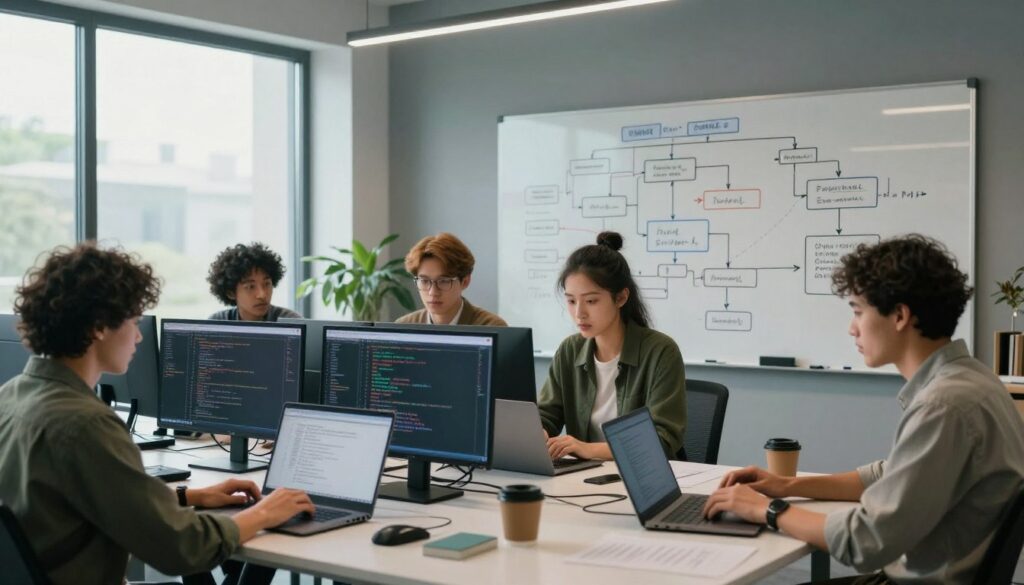 A modern computer science workspace, showcasing essential programming skills. In the foreground, a diverse group of professionals in smart casual attire collaborates over laptops and coding screens, their expressions focused and engaged. The middle ground features a large whiteboard filled with complex flowcharts and algorithms, highlighting problem-solving techniques. In the background, floor-to-ceiling windows let in natural light, creating an inviting atmosphere. Warm incandescent lighting softens the space, adding a touch of professionalism. The scene conveys a sense of innovation and teamwork, capturing the essence of the skills and qualities needed in the tech industry. The overall color palette consists of cool blues and greens, evoking a calm yet dynamic work environment.
