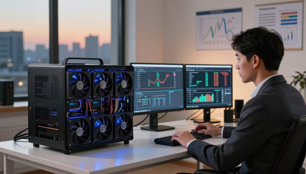 A modern cryptocurrency mining rig in a sleek home office environment, showcasing multiple high-performance GPUs with glowing lights, cables neatly organized, and a digital display showing real-time mining statistics. In the foreground, a person in professional attire looks intently at the screens, analyzing data, with a focused expression. The middle ground features a well-lit desk with mining hardware and charts on the wall depicting income versus energy costs. The background includes a large window with a city skyline during dusk, providing a warm, ambient light that contrasts with the cool colors of the rig. The atmosphere is one of concentration and innovation, highlighting the practical aspects of cryptocurrency mining profitability.