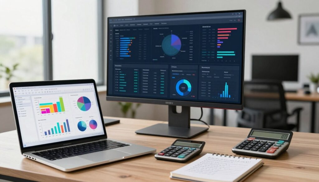 A modern data analyst's workspace, showcasing essential tools and technologies for data analysis. In the foreground, a sleek laptop with an open spreadsheet application displaying colorful graphs and data visualizations. Nearby, a high-tech calculator and a notepad with handwritten notes. In the middle ground, a large wall-mounted screen showing interactive data dashboards and analytics software. The background features a stylish office setting with a large window allowing natural light to flood in, creating a bright and inviting atmosphere. The overall mood is focused and professional, emphasizing innovation and analytical thinking. The scene captures the essence of data analysis, designed for a contemporary business environment.