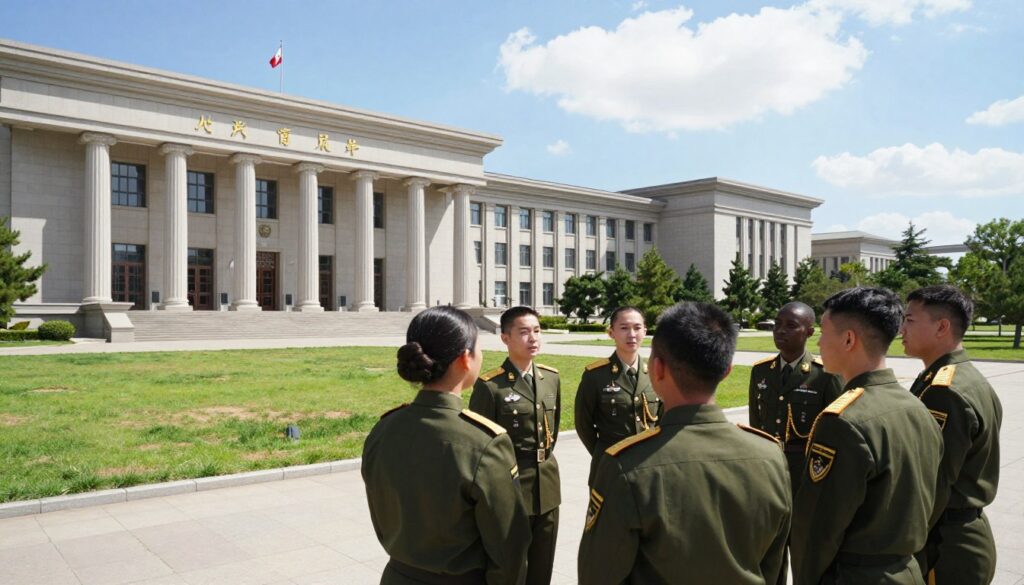 A modern military academy scene showcasing a stately building with classic architecture, featuring large stone columns and flags flying proudly. In the foreground, a group of diverse cadets in professional military uniforms are engaged in an earnest discussion, highlighting teamwork and camaraderie. The middle ground reveals an expansive courtyard with manicured lawns and well-maintained pathways, leading to the academy's impressive entrance. The background includes a clear blue sky with a few fluffy clouds, and the sunlight casts gentle shadows, creating an inviting atmosphere. The image should evoke a sense of discipline, professionalism, and dedication to education in the military field, shot from a slightly elevated angle to capture the entire scene.