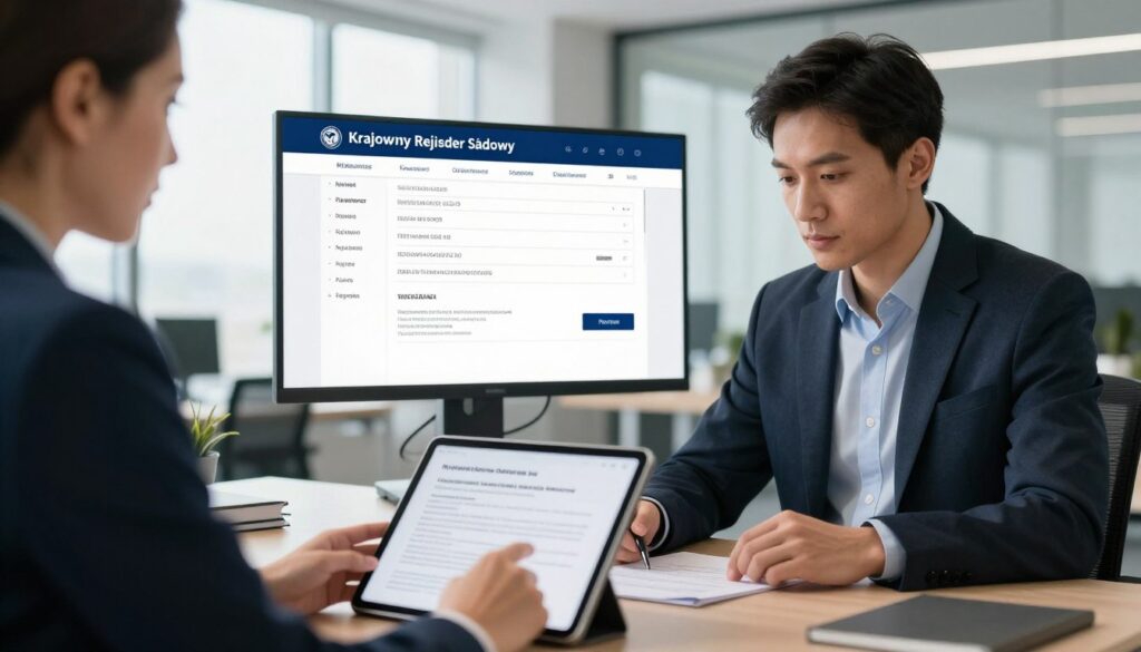 A modern office scene depicting the verification process of commercial law companies in Poland. In the foreground, a well-dressed business professional, focused and diligent, is analyzing documents on a sleek tablet. In the middle ground, a digital screen displays the Krajowy Rejestr Sądowy interface, showcasing various company details like registration numbers and VAT status. The background features a contemporary office interior with large windows letting in natural light, creating a bright and professional atmosphere. The overall mood is serious yet productive, reflecting diligence in company verification. The perspective should be slightly angled to capture the vibrancy of the office environment, emphasizing the importance of transparency in business.