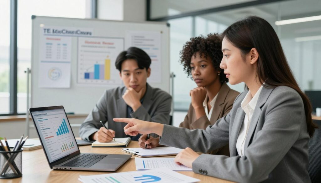 A modern office setting, showcasing a diverse group of three professionals engaged in a discussion about educational expenses and tax deductions. In the foreground, a Caucasian woman in business attire points towards a laptop screen displaying diagrams and financial data. Beside her, an Asian man takes notes on a notepad, while a Black woman observes thoughtfully, all exuding a sense of collaboration and focus. The middle ground features a large whiteboard with charts illustrating costs and benefits of education, and various documents scattered on the table. The background reveals a well-lit office space with soft natural light filtering through large windows, creating a productive and encouraging atmosphere. The image conveys professionalism, determination, and the importance of educational investments for business growth.