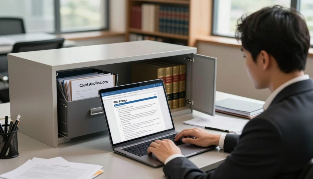 A modern office setting showcasing the electronic submission process for court applications. In the foreground, a professional-looking individual in business attire is seated at a sleek desk, intently working on a laptop displaying a digital form for filing legal documents. In the middle, an open file cabinet contains folders labeled "Court Applications" and "KRS Filings." The background features shelves lined with law books and a large window letting in natural light that creates a warm, focused atmosphere. The scene is subtly illuminated, highlighting the serious yet efficient mood of a legal office environment. The angle is slightly from above, giving a comprehensive view of the workspace and emphasizing the importance of electronic systems in modern judicial processes. A modern office setting showcasing the electronic submission process for court applications. In the foreground, a professional-looking individual in business attire is seated at a sleek desk, intently working on a laptop displaying a digital form for filing legal documents. In the middle, an open file cabinet contains folders labeled "Court Applications" and "KRS Filings." The background features shelves lined with law books and a large window letting in natural light that creates a warm, focused atmosphere. The scene is subtly illuminated, highlighting the serious yet efficient mood of a legal office environment. The angle is slightly from above, giving a comprehensive view of the workspace and emphasizing the importance of electronic systems in modern judicial processes.
