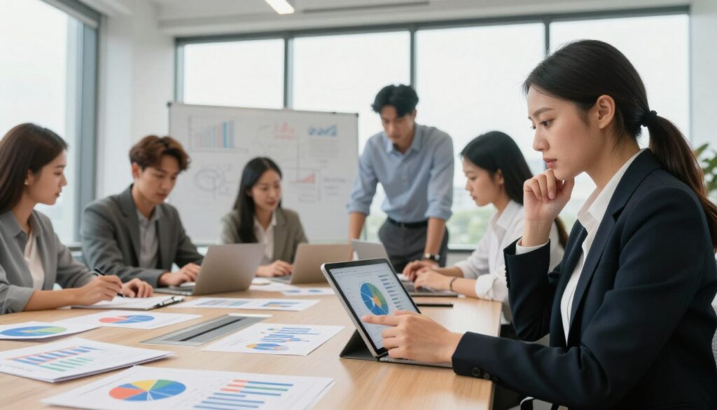 A modern office setting with a diverse group of professionals engaged in a brainstorming session. In the foreground, a businesswoman in formal attire is analyzing data on a tablet, her expression focused and thoughtful. Beside her, a businessman is sketching ideas on a whiteboard. In the middle, a diverse team of professionals collaborates around a large conference table, surrounded by charts and marketing materials that represent target audience analysis. Large windows in the background allow soft, natural light to fill the room, creating an inspiring atmosphere. The mood is professional and energetic, emphasizing the importance of understanding the target audience in business strategy. The image is captured from a low angle to emphasize teamwork and collaboration. A modern office setting with a diverse group of professionals engaged in a brainstorming session. In the foreground, a businesswoman in formal attire is analyzing data on a tablet, her expression focused and thoughtful. Beside her, a businessman is sketching ideas on a whiteboard. In the middle, a diverse team of professionals collaborates around a large conference table, surrounded by charts and marketing materials that represent target audience analysis. Large windows in the background allow soft, natural light to fill the room, creating an inspiring atmosphere. The mood is professional and energetic, emphasizing the importance of understanding the target audience in business strategy. The image is captured from a low angle to emphasize teamwork and collaboration.