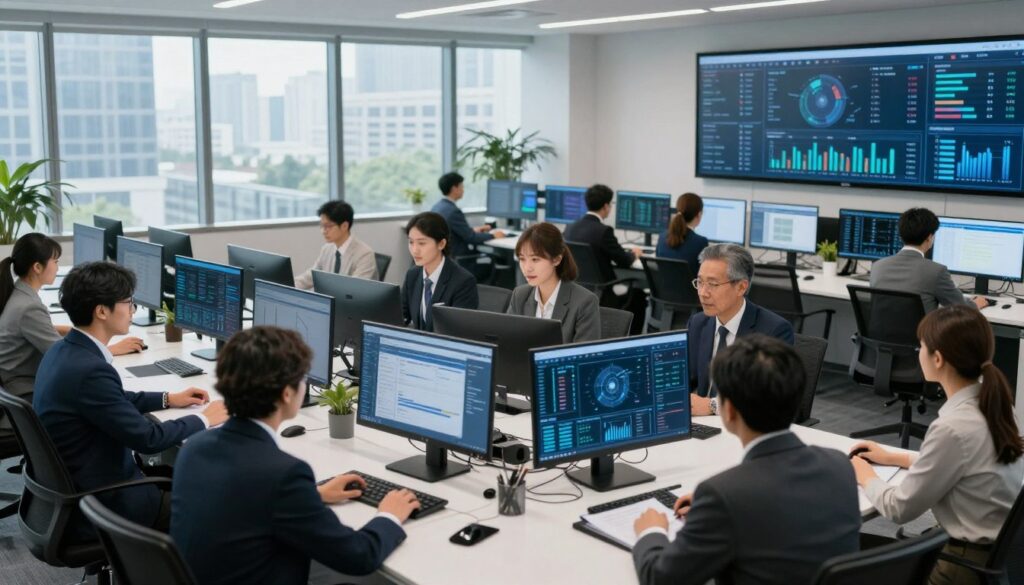 A modern public administration office filled with digital technology, showcasing an array of computer screens displaying graphs and data. In the foreground, a diverse group of professionals in business attire collaborates around a sleek conference table, their expressions focused and engaged. The middle layer includes elements like digital displays and modern office furniture, emphasizing a high-tech, efficient workspace. The background features large windows letting in natural light, with a cityscape visible outside, reflecting the theme of digital transformation in governance. The atmosphere is dynamic and productive, highlighting innovation in public administration in the era of digitization. Soft, professional lighting enhances the clarity and details of the scene. A modern public administration office filled with digital technology, showcasing an array of computer screens displaying graphs and data. In the foreground, a diverse group of professionals in business attire collaborates around a sleek conference table, their expressions focused and engaged. The middle layer includes elements like digital displays and modern office furniture, emphasizing a high-tech, efficient workspace. The background features large windows letting in natural light, with a cityscape visible outside, reflecting the theme of digital transformation in governance. The atmosphere is dynamic and productive, highlighting innovation in public administration in the era of digitization. Soft, professional lighting enhances the clarity and details of the scene.